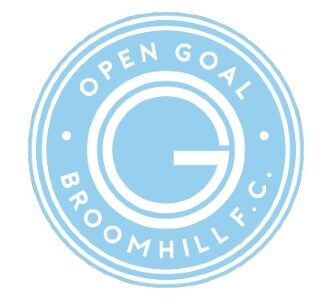 Round logo in light blue and white with text Open Goal Broomhill FC