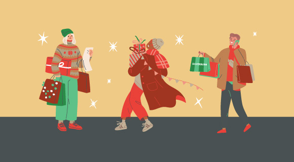 Illustration of people shopping at Silverburn, carrying colourful bags, boxes and Christmas presents.