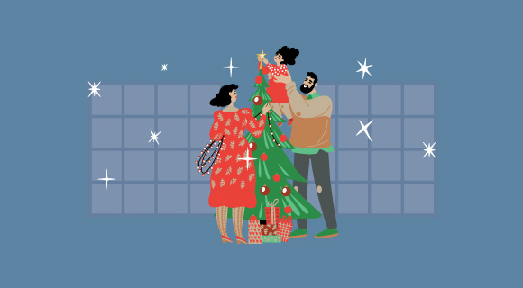 Illustration of two parents and child putting a star on top of their Christmas tree, surrounded by twinkling stars.