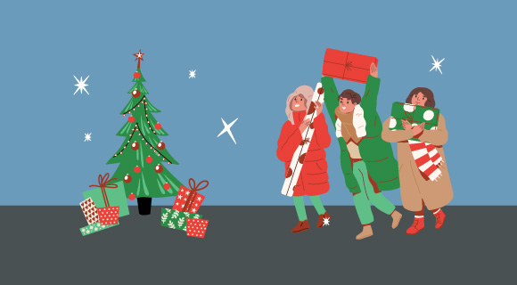 Illustration of kids holding piles of presents on a blue background surrounded by twinkling stars and a Christmas tree.