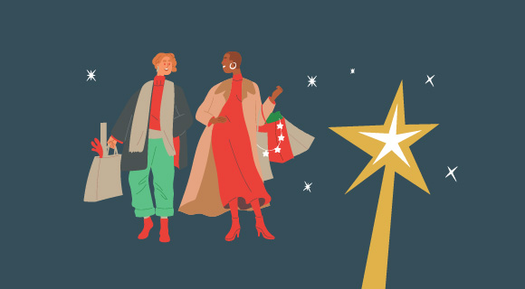 Illustration of two women shopping. On a navy background with twinkling stars.