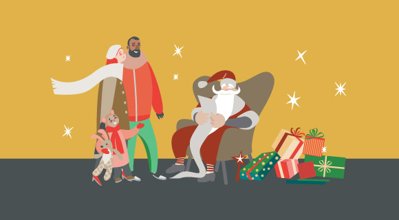 Illustration of a family meeting Santa clause, surrounded by presents and Christmas trees.
