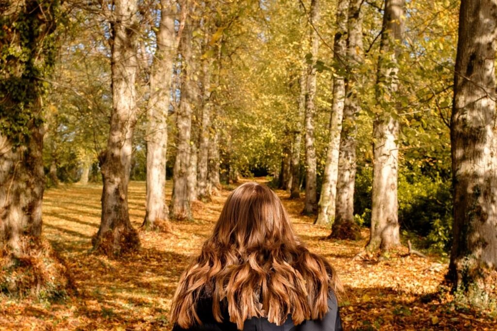 third person perspective of a girl standing in an autumnal forest