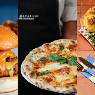 An image of a burger, a person in an apron holding a pizza, and some meats, focaccia and olives