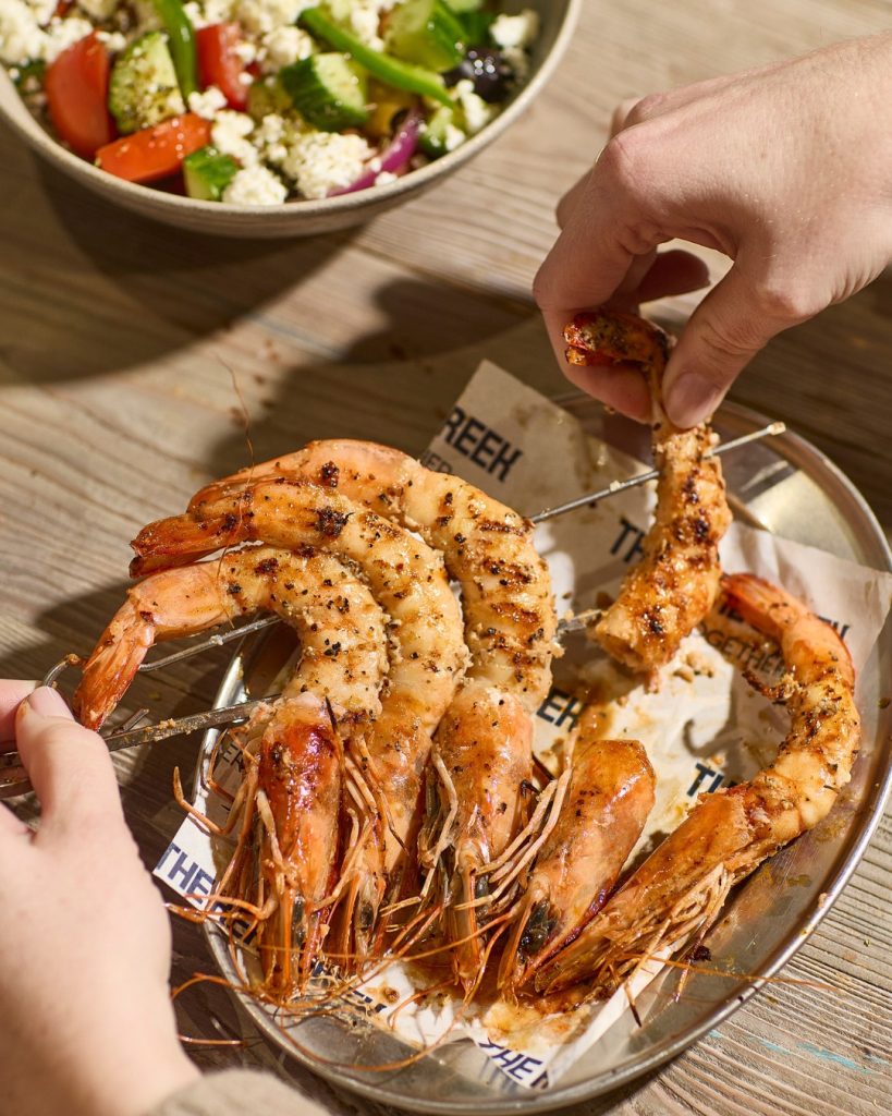 A dish of Souvlaki king prawns